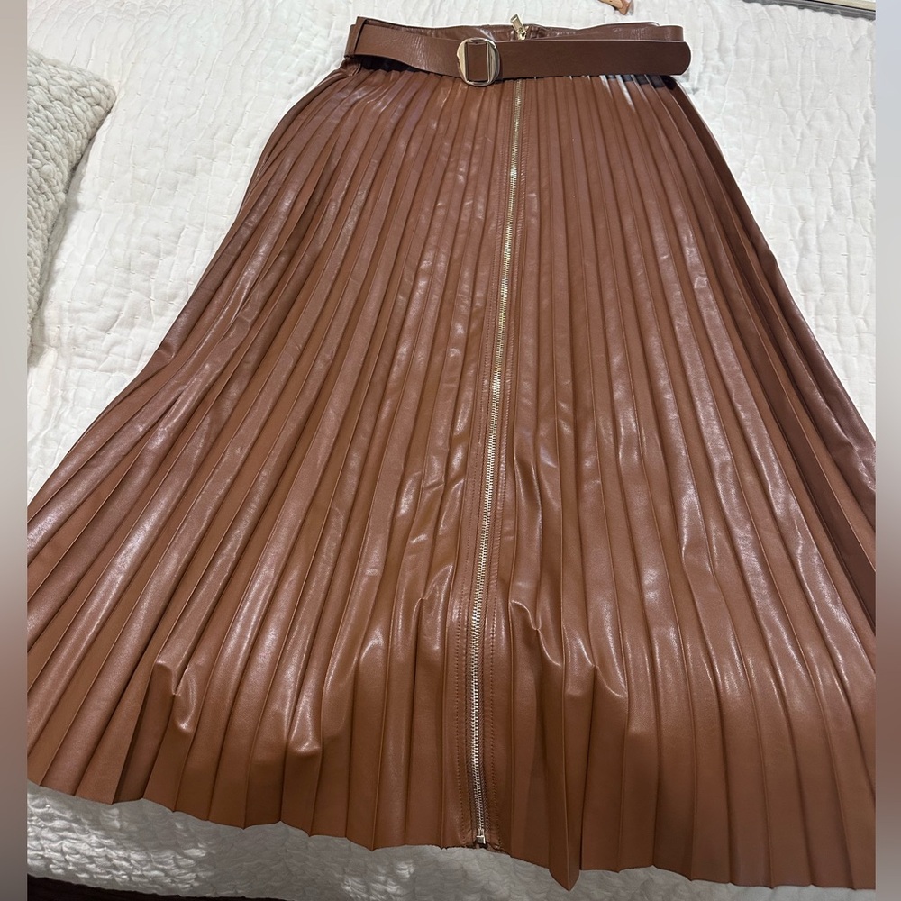 Zara Brown Pleated Faux Leather Midi Skirt with Belt